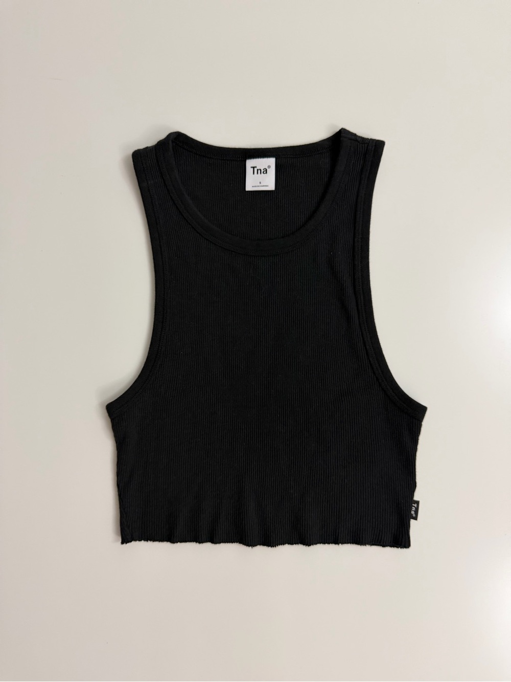 TNA Aritzia Ribbed Round Neck Cropped Tank Top, Black, Size S